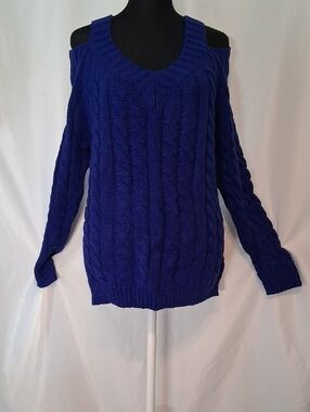 SHEIN  Cobalt Blue Open Shoulder Chunky Cable Knit Sweater Cozy Knit